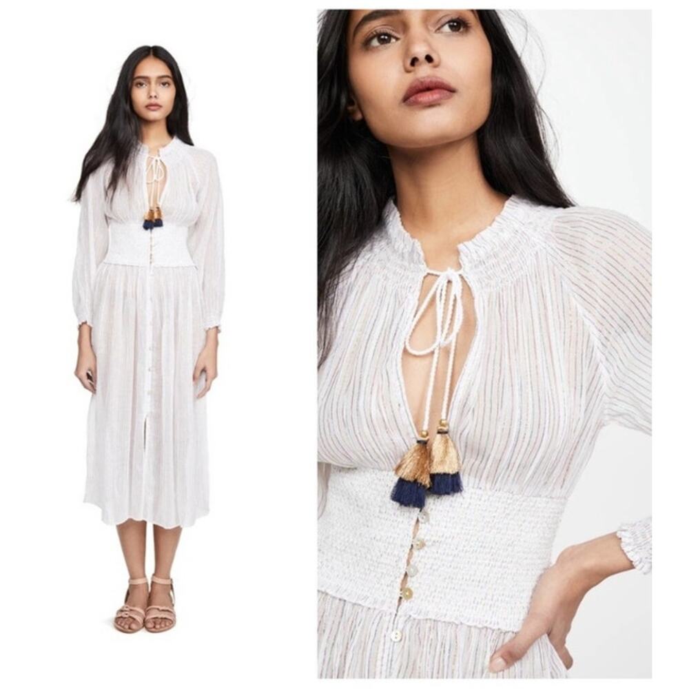 EUC Shoshanna MultiLurex striped duster Swim Cover Up Tassel metallic SZ: L
